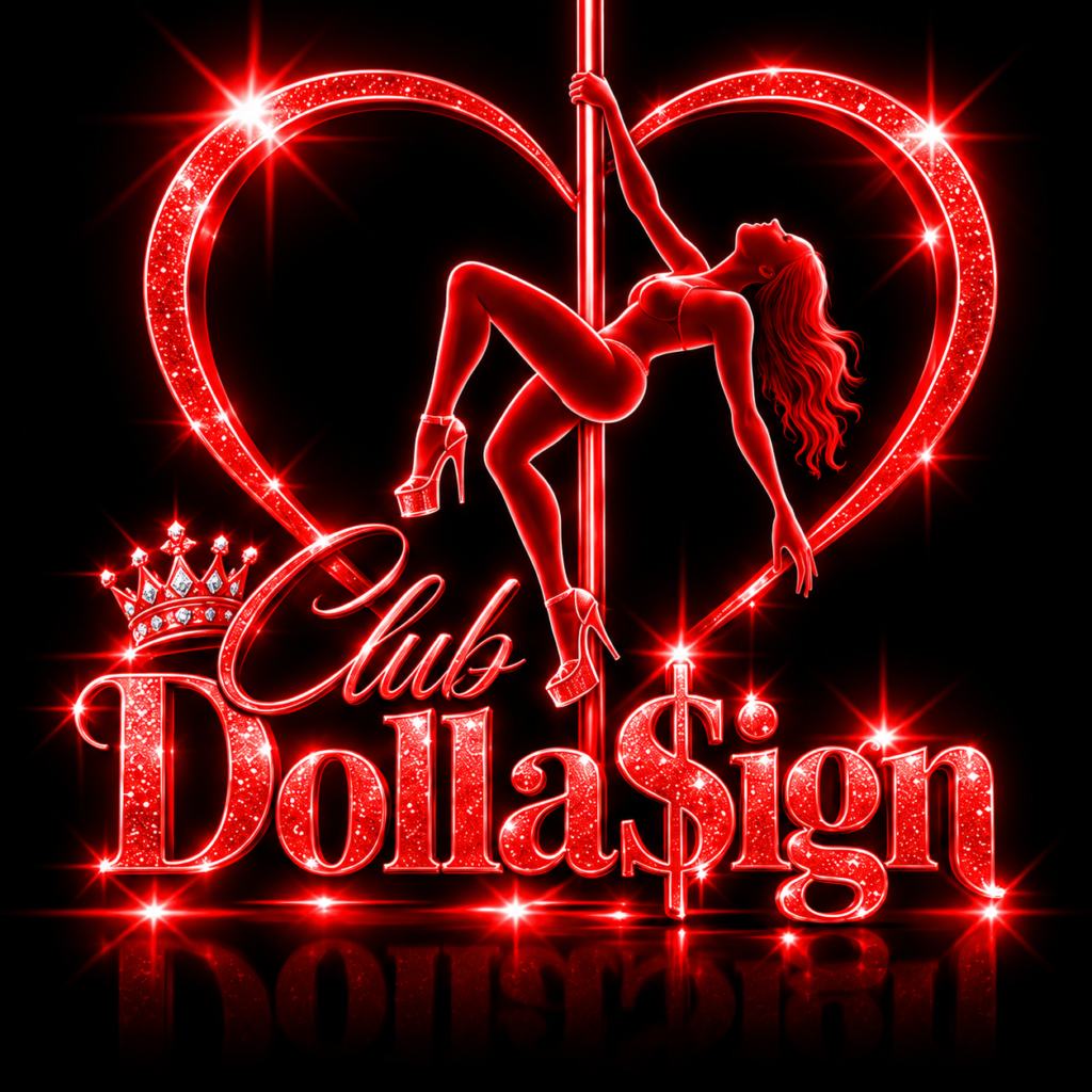 Club Dollasign logo with a red heart and pole dancer silhouette.